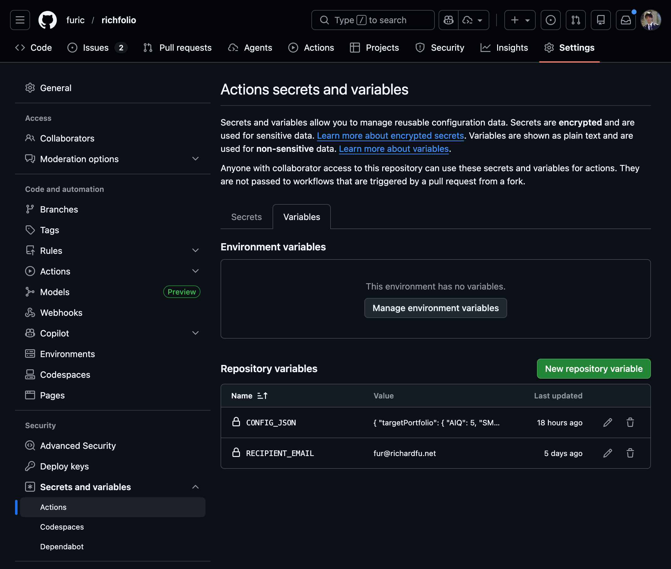 GitHub Actions Variables